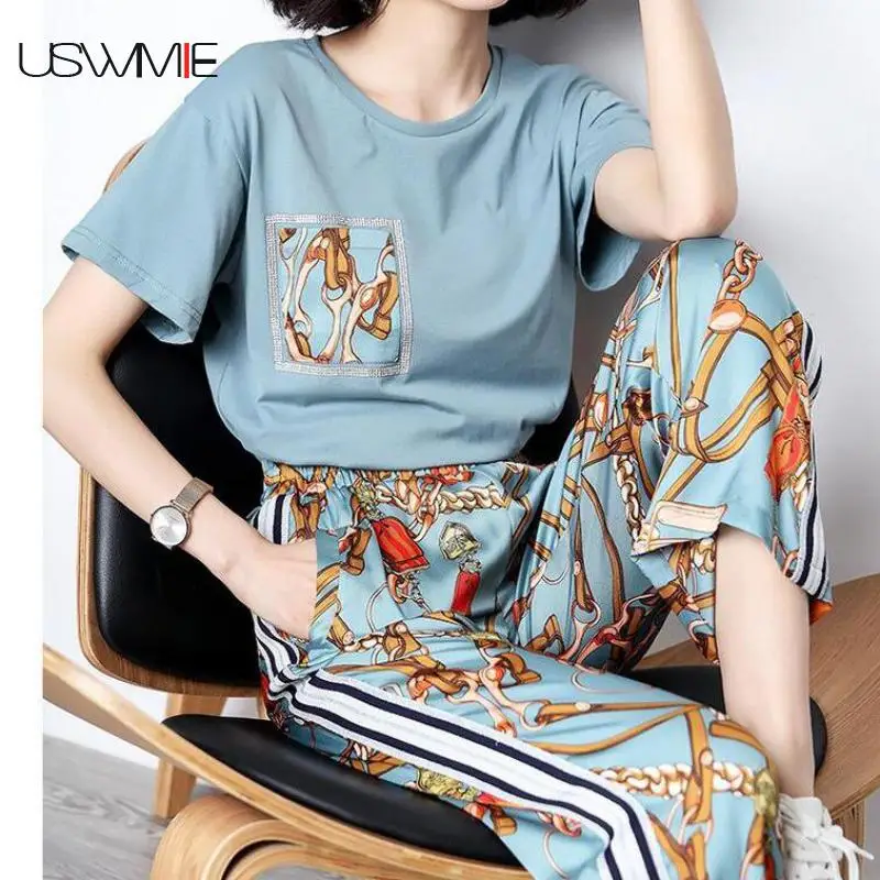 

2019 2 Piece Set Women Retro Fashion Casual Elegant Ladies Office Comfort Printing Short Sleeve Elastic Waist Legged Two Suit