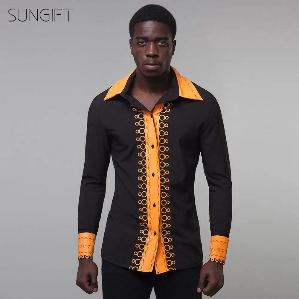 SUNGIFT, Африканский Мужской Топ с длинным рукавом, Дашики, этнический принт, воротник с лацканами, на пуговицах, топ,, новая мода, Мужская черная рубашка, африканская рубашка