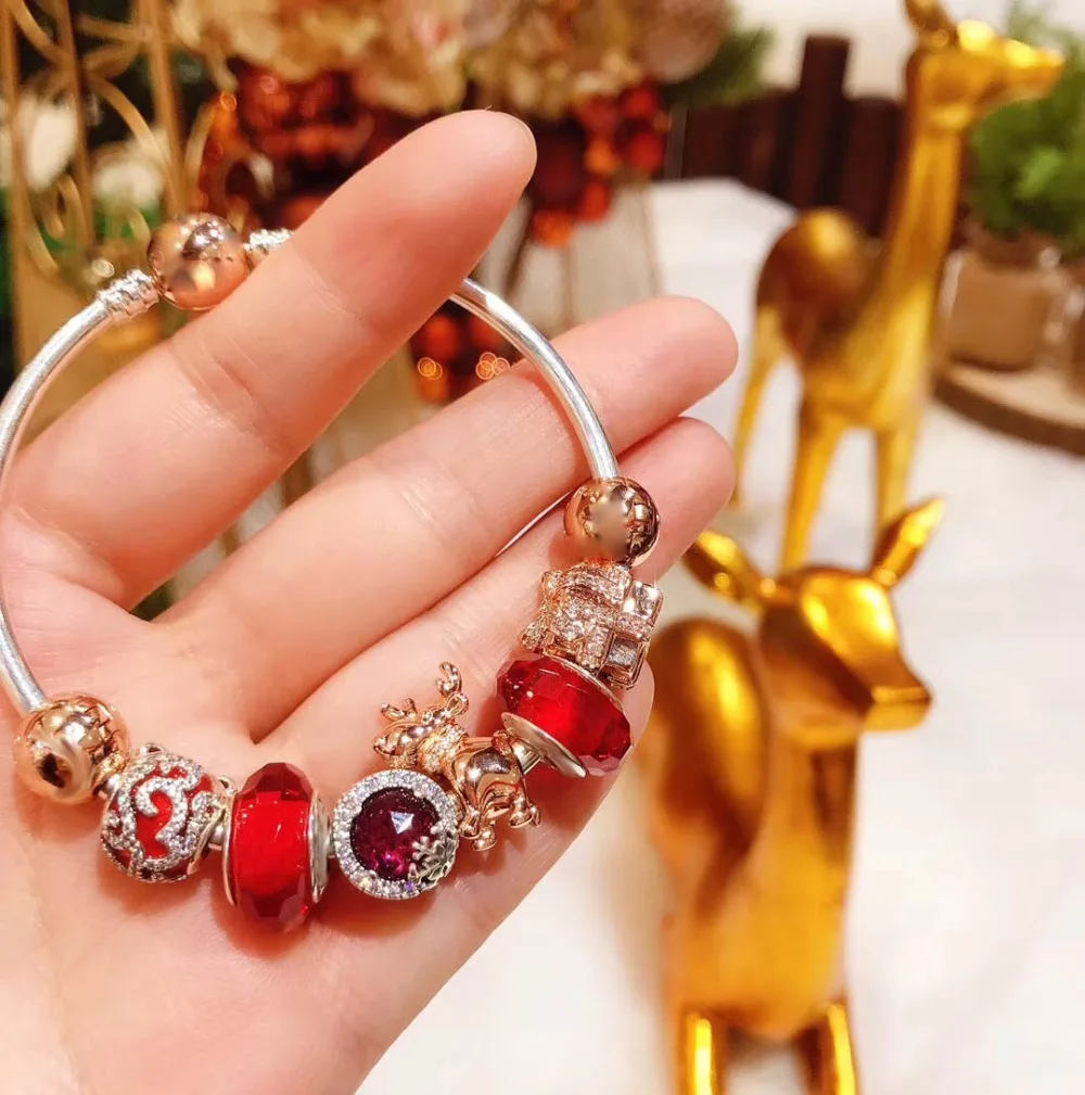 

Original 100% 925 Silver Charm High Christmas Red Gift Reindeer Beads Women Charm Copy Jewelry For Women 1:1 With Logo Bracelet