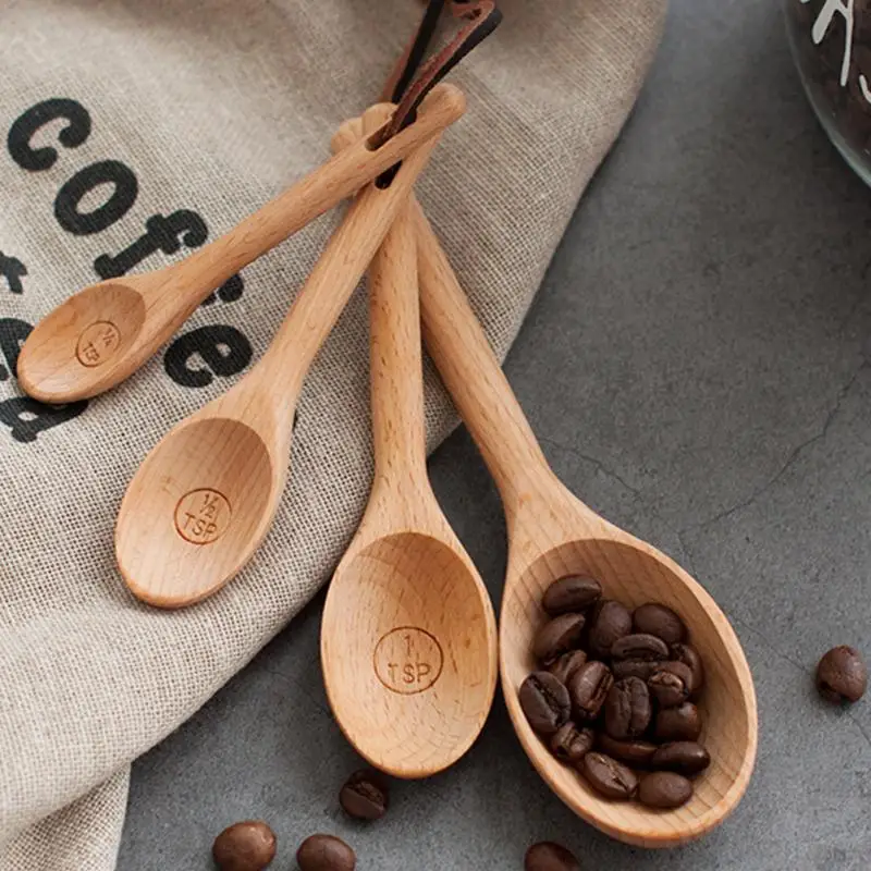 

4 Pcs Kitchen Coffee Baking Measuring Spoons Set Tools Utensil Salt Wood Beech