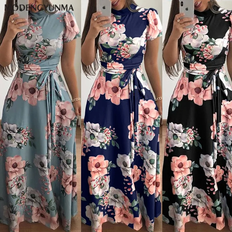 

2019 Women Long Maxi Dress Summer Floral Print Boho Style Beach Dress Casual Short Sleeve Bandage Party Dress Vestidos Plus Size