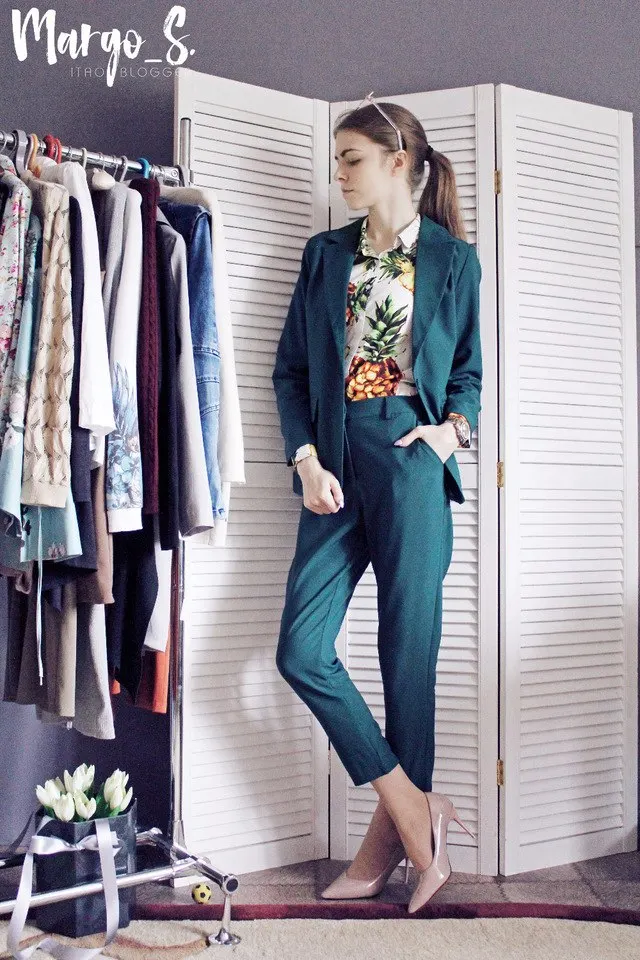 2018 Pure Color  Simple Boyfriend Suit Jacket Small Pants Seven Length Pant Long Sleeves Jacket Office Lady Green Suit Femme