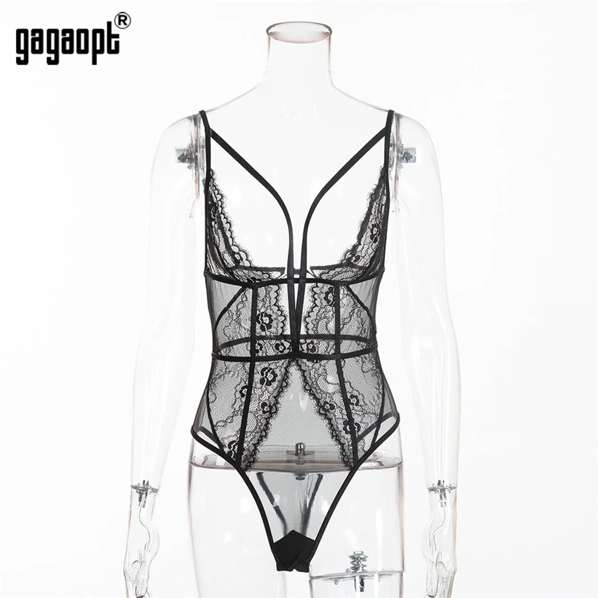 Gagaopt Lace Bodysuit Women Bandage Mesh Bodysuit Fashion Black/White Sexy Bodysuit Jumpsuit Overalls Sleepwear