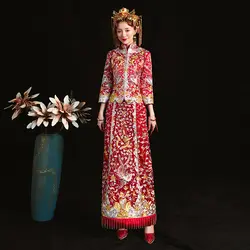 Восточный Королевский женский свадебный костюм винтажное зарубежное китайское свадебное платье дракон и феникс Qipao вышивка длинный чонсам