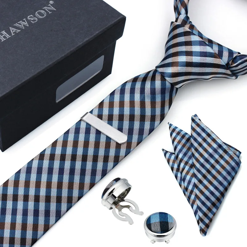 

HAWSON Colorful Striped Men Necktie Set with Pocket Square Tie Clip Button Cover CuffLink for Birthday Business Boyfriend's Gift