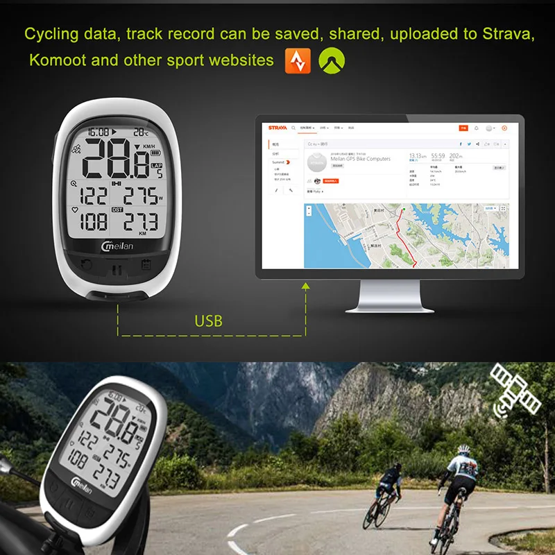 Велосипедный gps компьютер Bluetooth ANT+ велокомпьютер Meilan M2 поддержка подключения с частотой сердечных сокращений(не входит в комплект