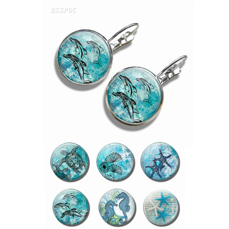 

Fashion Hoop Earrings for Women Dolphins,Turtle, Seahorse, Starfish, Photo Glass Dome Silver Plated Hook Earrings Summmer Beach
