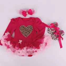 3 шт. комплект младенческой Тюль комбинезон Красный Леопард ЛЮБОВЬ детские Обувь для девочек одежда с длинным рукавом платье-пачка повязка
