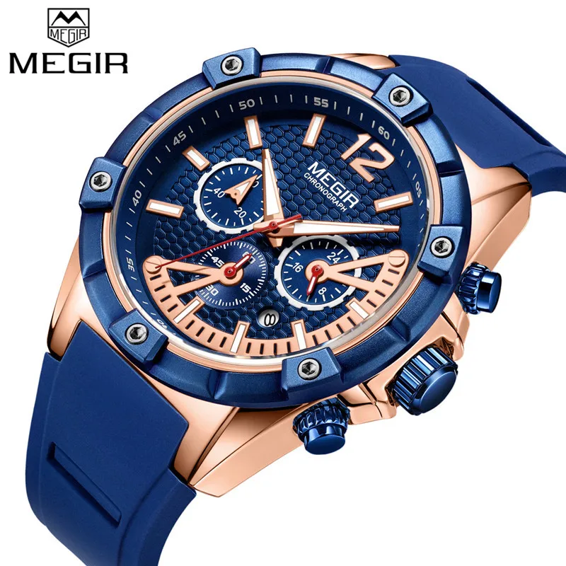 

MEGIR Men Watch Top Luxury Brand Chronograph Calendar Wristwatch Military Sport Rubber Band Male Clock Relogio Masculino 2083
