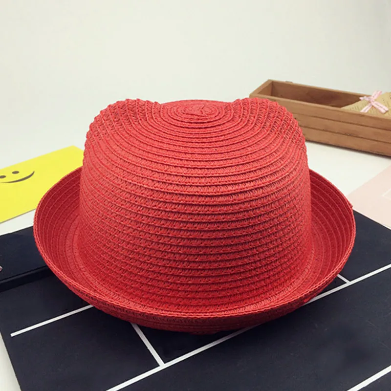 Модные соломенные шляпы для девочек и мальчиков, летняя детская шляпа от солнца, красивая детская однотонная шапочка с изображением кошки, украшения в виде ушек, FDC99 - Цвет: Red