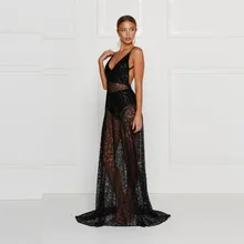 2016 Summer European Style Womens Sexy Lace Embroidery Maxi Solid Black Dress Sleeveless Deep V Neck
