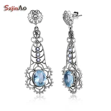 Szjinao длинные лепестки 2.2ct голубой камень Настоящее 925 пробы серебряные серьги с аквамарином для женщин жемчужные серьги Модные ювелирные изделия подарок