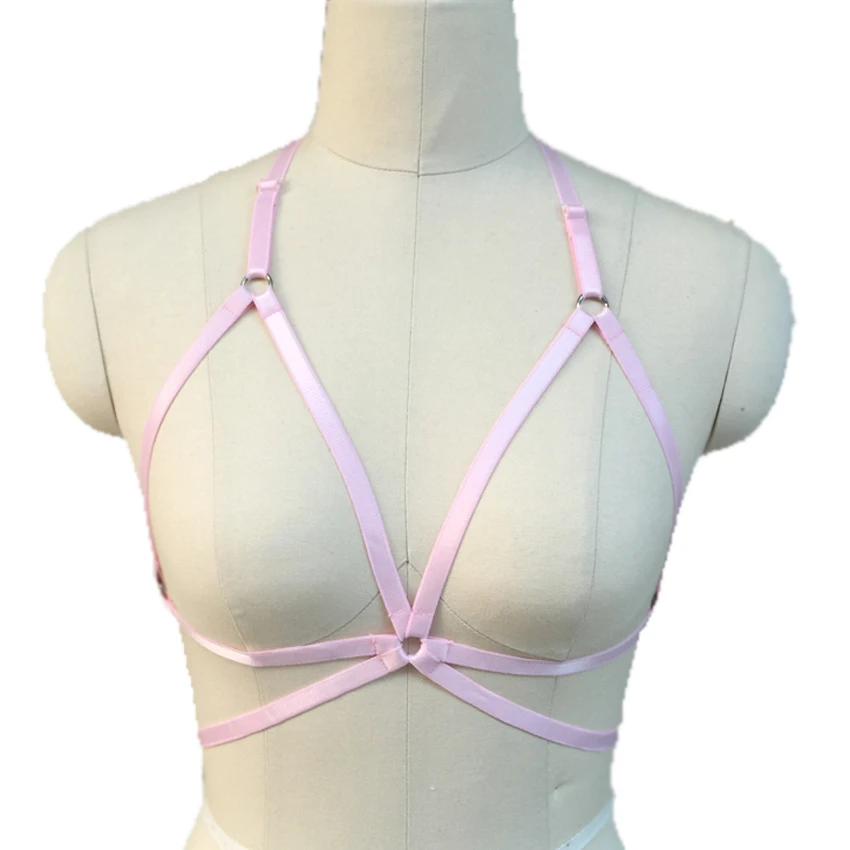 

New Pale pink sexy lingerie Wonen body harness pastel goth Harajuku bondage harness can adjust harness cage bra