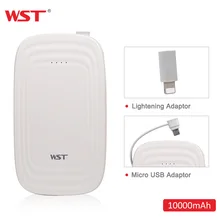 WST power Bank 10000 мАч со встроенным кабелем, Внешнее зарядное устройство, тонкий портативный аккумулятор для iPhone, Android, внешняя батарея