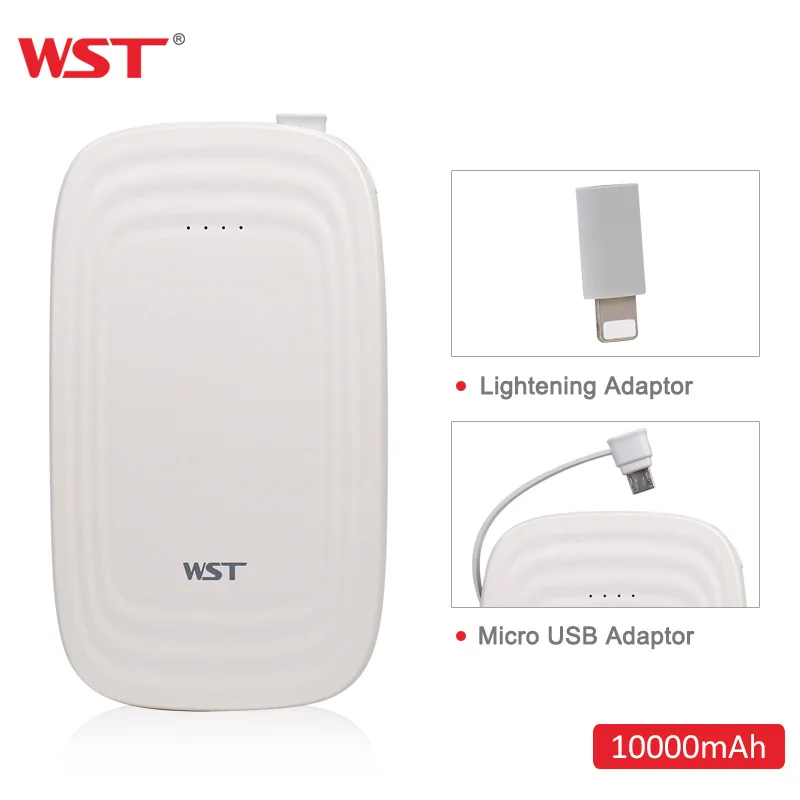 

WST Power Bank 10000mAh with Built in Cable External Battery Charger Slim Portable Battery for iPhone Android Bateria External