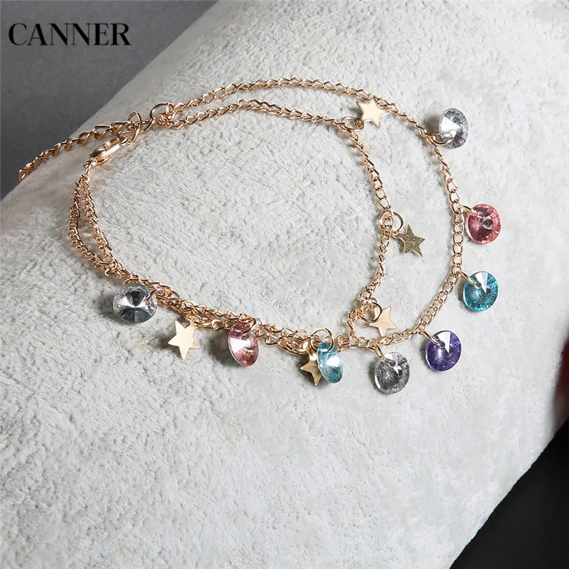 Canner 2019 New Colorful Crystal Beads Anklet Gold Star Double layer Anklet Bracelets For Women Bohemian Jewelry Canner 2019 New Colorful Crystal Beads Anklet Gold Star Double layer Anklet Bracelets For Women Bohemian Jewelry