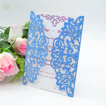 

Blue glitter paper laser cut invitation wedding cards