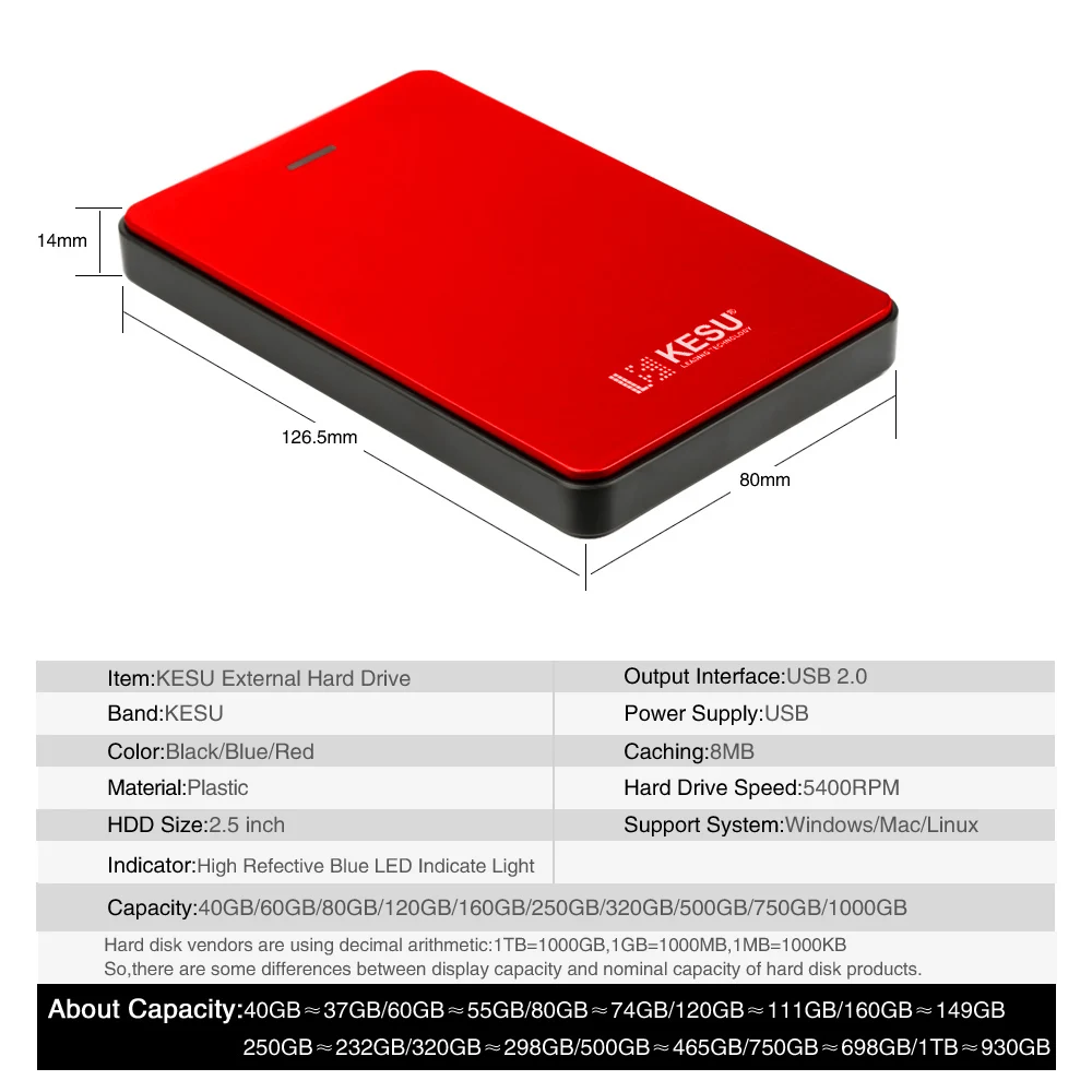 KESU 2.5'' External Hard Drive 80GB 120GB 160GB 250GB 320GB 500GB Storage USB2.0 HDD Portable External HD Hard Disk for PC/Mac KESU 2.5'' External Hard Drive 80GB 120GB 160GB 250GB 320GB 500GB Storage USB2.0 HDD Portable External HD Hard Disk for PC/Mac