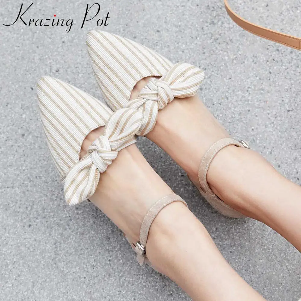 

Krazing pot princess style pointed toe buckle strap low heel metal fairy butterfly-knot decoration pointed toe striped pumps L01