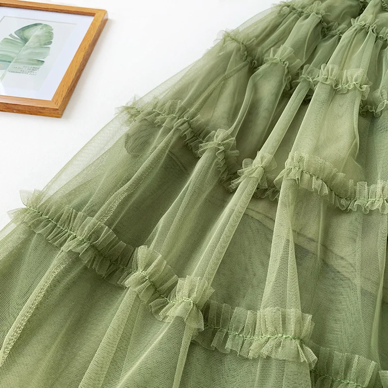 Ohryiyie зеленые тюлевые женские юбки с высокой талией новые летние милые Лоскутные юбки-пачки Женская сетчатая юбка миди Femme