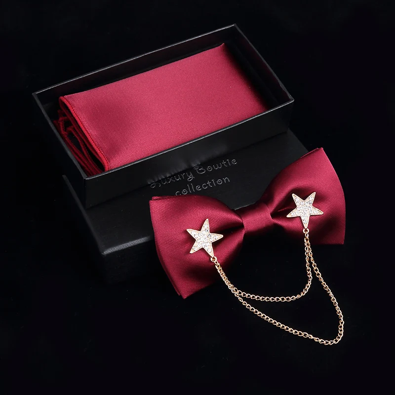 JEMYGINS металлический двухслойный галстук-бабочка с золотой звездой, модный мужской галстук-бабочка с регулируемым карманом и квадратной коробкой - Цвет: Wine red