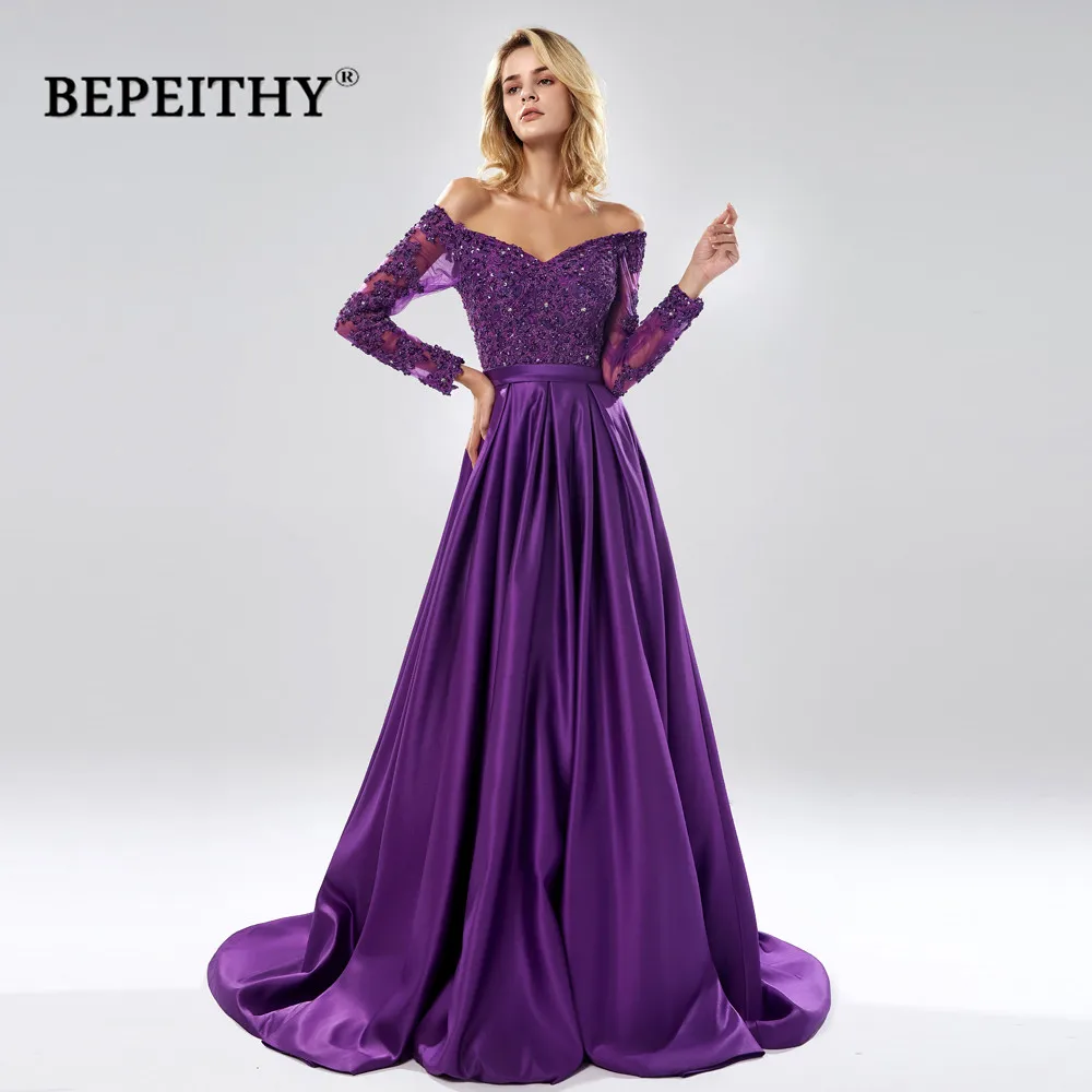 

BEPEITHY Robe De Soiree Off The Shoulder A line Long Evening Dress Party Elegant 2020 Full Sleeves Purple Lace Bodice Prom Gown