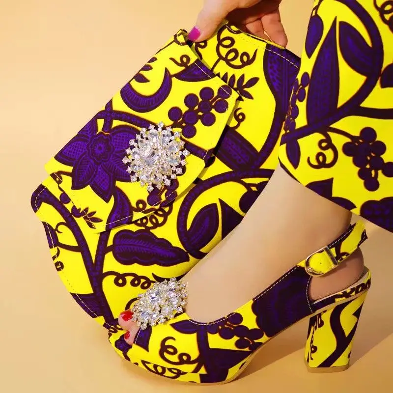 

Hot sale yellow women dress shoes with crystal style african purple printed wax pattern pumps match handbag set V242-1,heel 7CM