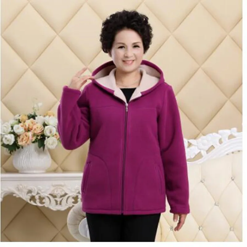 Ideal New Winter Outwear Middle Aged Womens Imitation Lambs Fleece Jacket Hooded Ladies Warm Soft Velevt