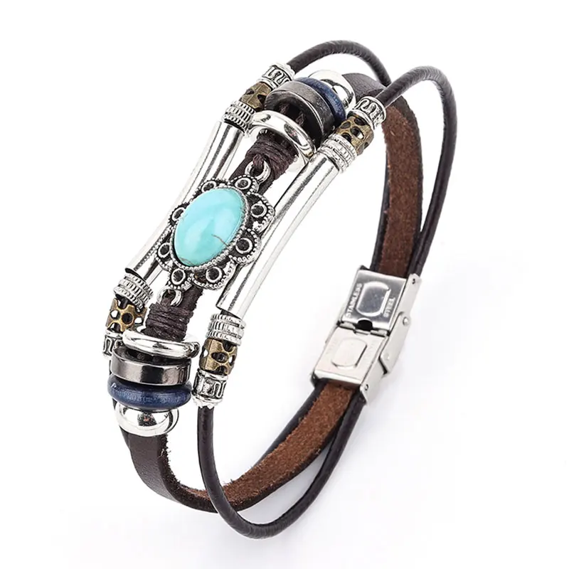 New 3PC/Set Bohemian Punk Men Leather Bracelet Blue Crystal Wrap Wristband Charm Bangle Wholesale pulseira Fashion Jewelry | Украшения и