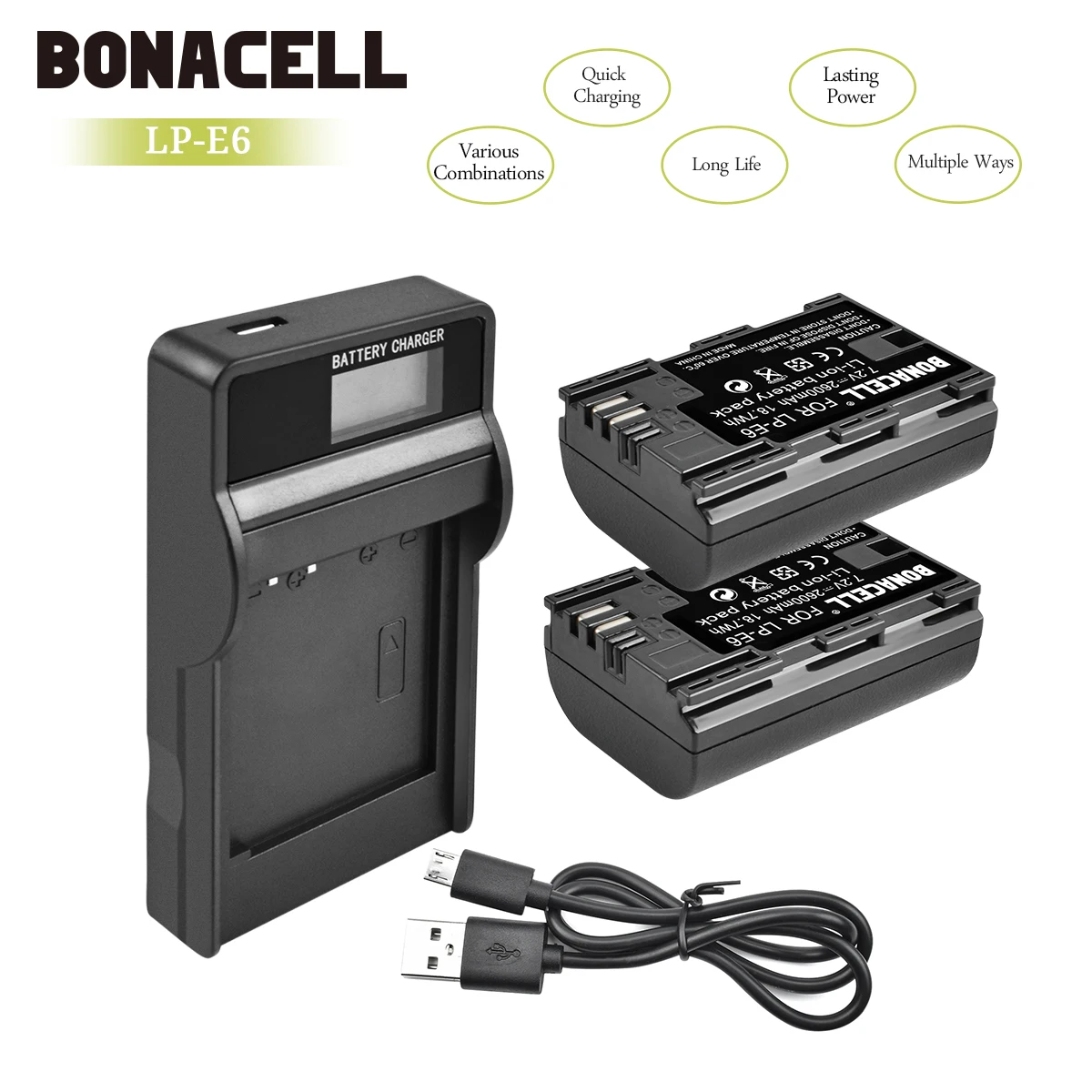 Bonacell 2600 мАч LP-E6 батарея для цифровой камеры+ ЖК-зарядное устройство для Canon EOS 5D Mark II 2 III 3 6D 7D 60D 60Da 70D 80D DSLR EOS L30 - Цвет: 2X Battery Charger