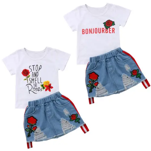 

2PCS Kids Baby Girl Summer Outfits Letters Floral Print T-shirt Tops White+Denim Riped Skirts Set Clothes Summer Beach Casual