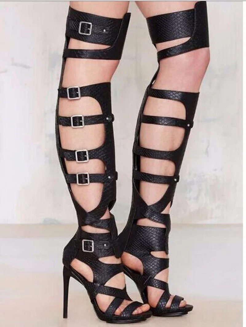 black knee high strappy heels