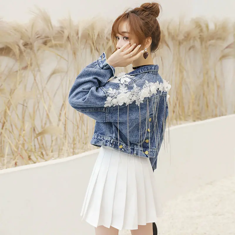 astounding  2019 Spring Autumn Floral Appliques Tassel Women Short Demin Jacket Korean Casual Chains Loose Femm