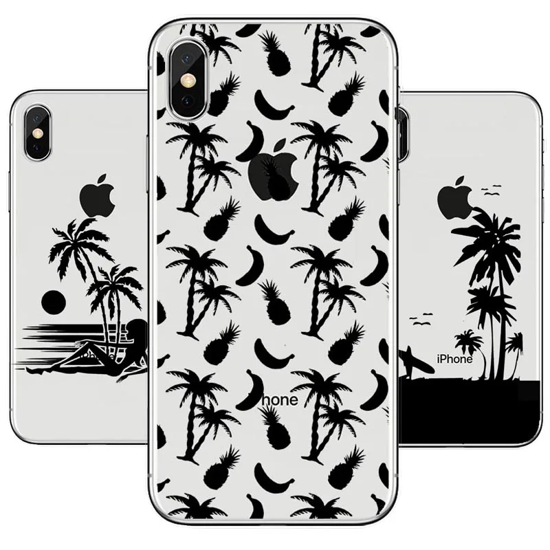 

Summer Beach Scene at Sunset on sea Palm Tree Design Transparent Clear Hard Case For iPhone5S SE 6 6SPlus XS Max 8 8Plus XR Cove