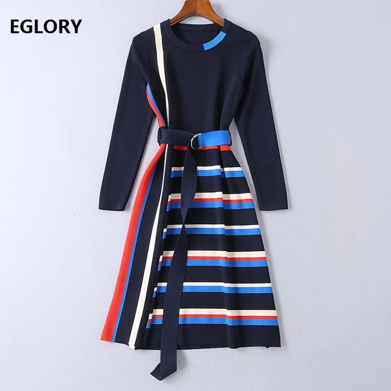 

Striped Dress New Arrival 2019 Spring Autumn Casual Sweater Dress Women O-Neck Stripe Knitting Long Sleeve Sweater Dress Belt