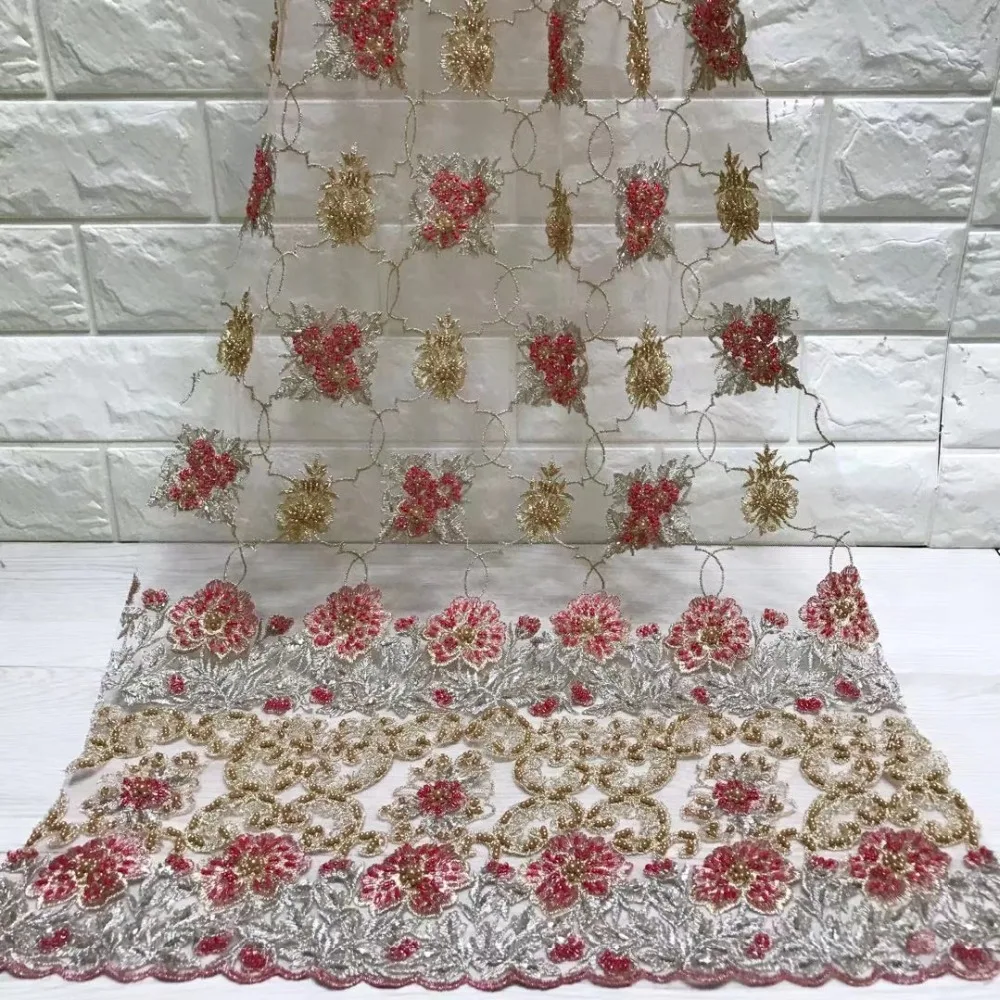 

Madison African Handmade Beaded Lace Fabric 2019 Red Pink Lace Fabric Embroidered, High Quality Lace For Wedding