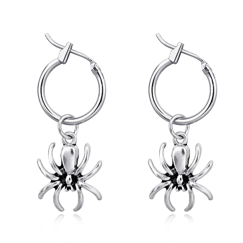 

1pair Punk Stereoscopic Spider Small Pendant Hoop Earrings Personality Antique Silver Color Circle Earrings Ear Jewelry E556