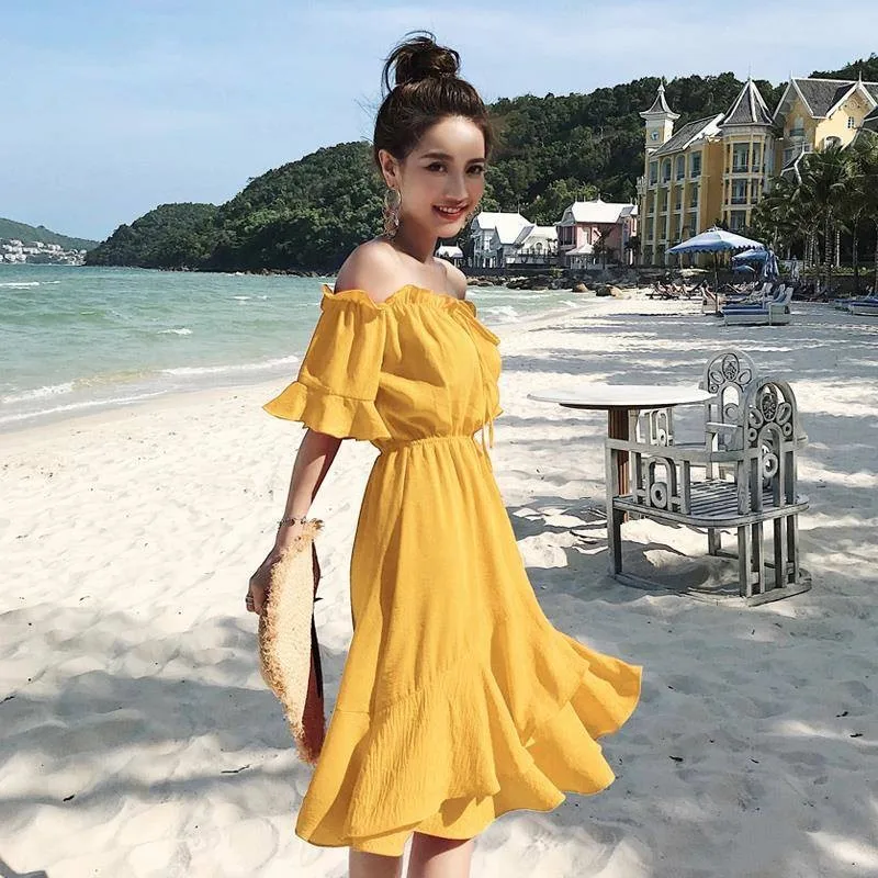 

2019 Summer Slash Neck Dress Women Off Shoulder Sexy Yellow Pink Dress Ruffles Midi Beach Dresses Female Leisure Holiday Vestido