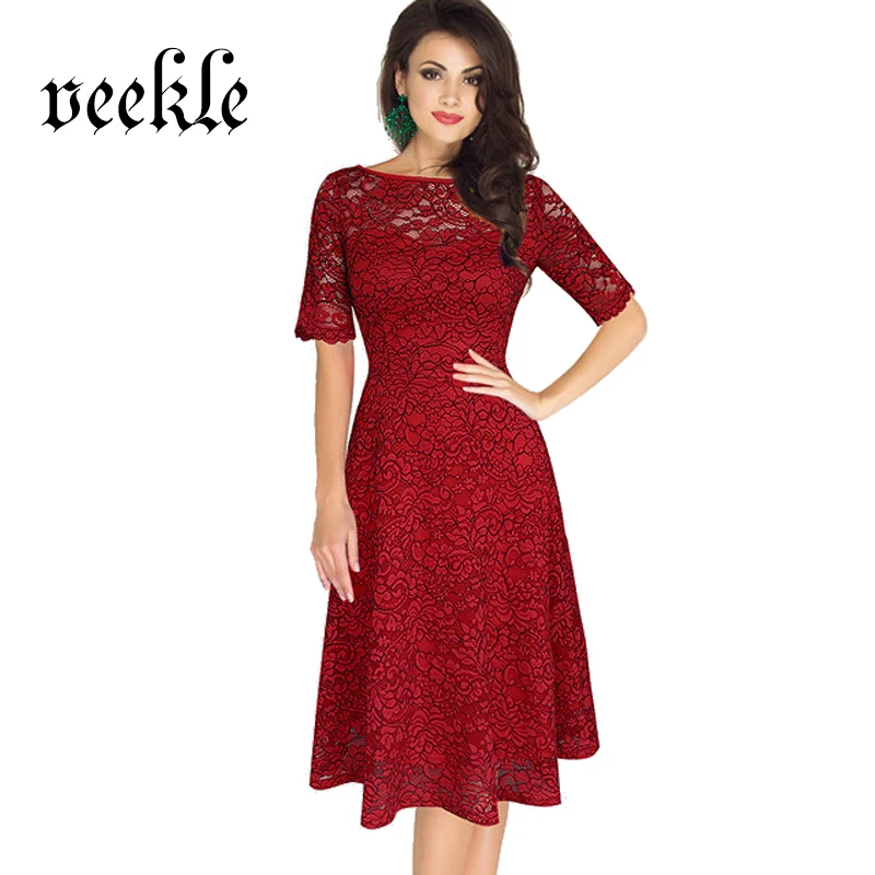 VEEKLE Women Sexy Skater Lace Dress Red Blue