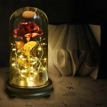 

LED Red Rose Light Glass Wooden Base Beauty And The Beast Rose In Flask For Wedding Party Gift Artificial Flower Decoration