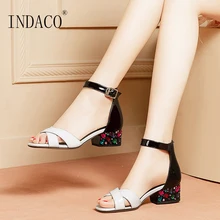 Women Shoes Summer Sandals Leather Ladies Sandals Buckle Strap Thick Heel Party Shoes Rhinestone Heel girls dressy flower t strap rhinestone high heel sandals