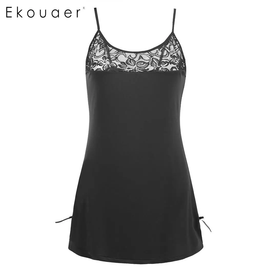 

Ekouaer Plus Size Sexy Nightdress Backless Lingerie Sleep Dress Women Lace Patchwork Spaghetti Strap Nightwear Dress Sleepshirt