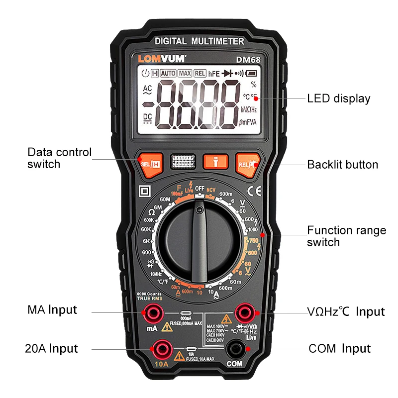 LOMVUM DM68 Ture RMS цифровой мультиметр AC/DC Емкость тестер температуры ЖК-дисплей 6000 отсчетов ручной Диапазон мультиметр живой провод