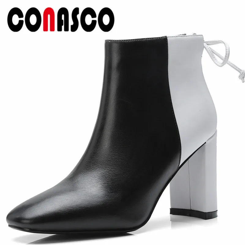 

CONASCO Fashion Women Ankle Boots Autumn Winter Warm High Heels Shoes Woman Round Toe Genuine Leather Casual Office Martin Boots