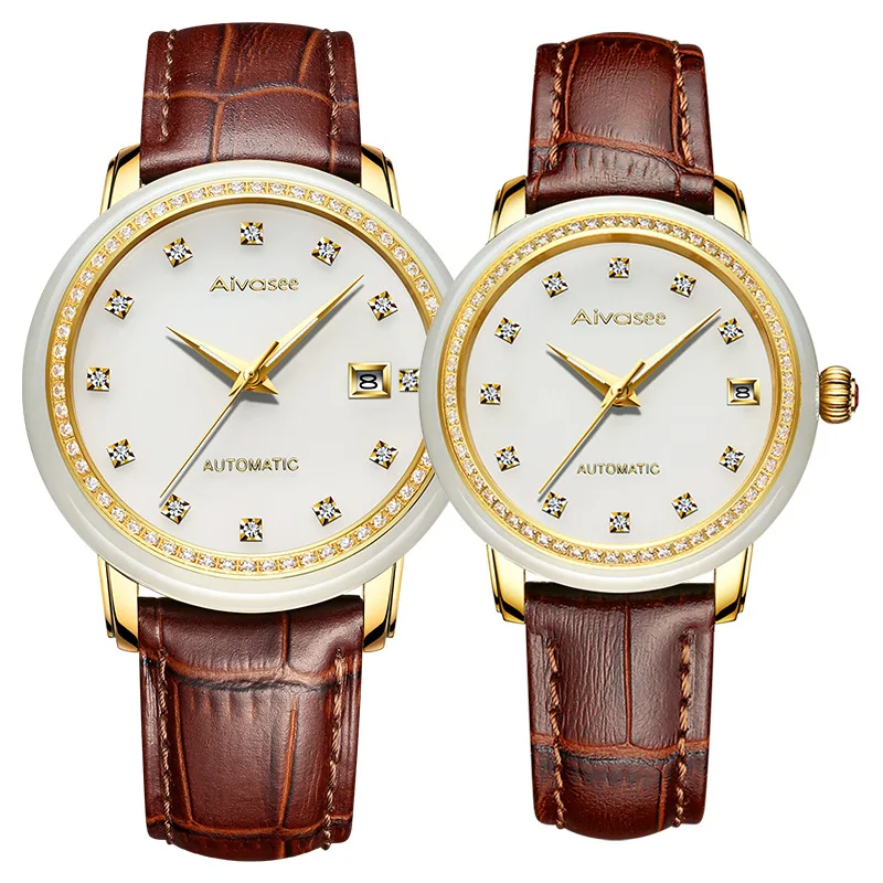 

Aivasee Natural White Jade Men Automatic Mechanical Watch Women Calendar Clock Luminous Hands Couple Mechanical Wrist Watches