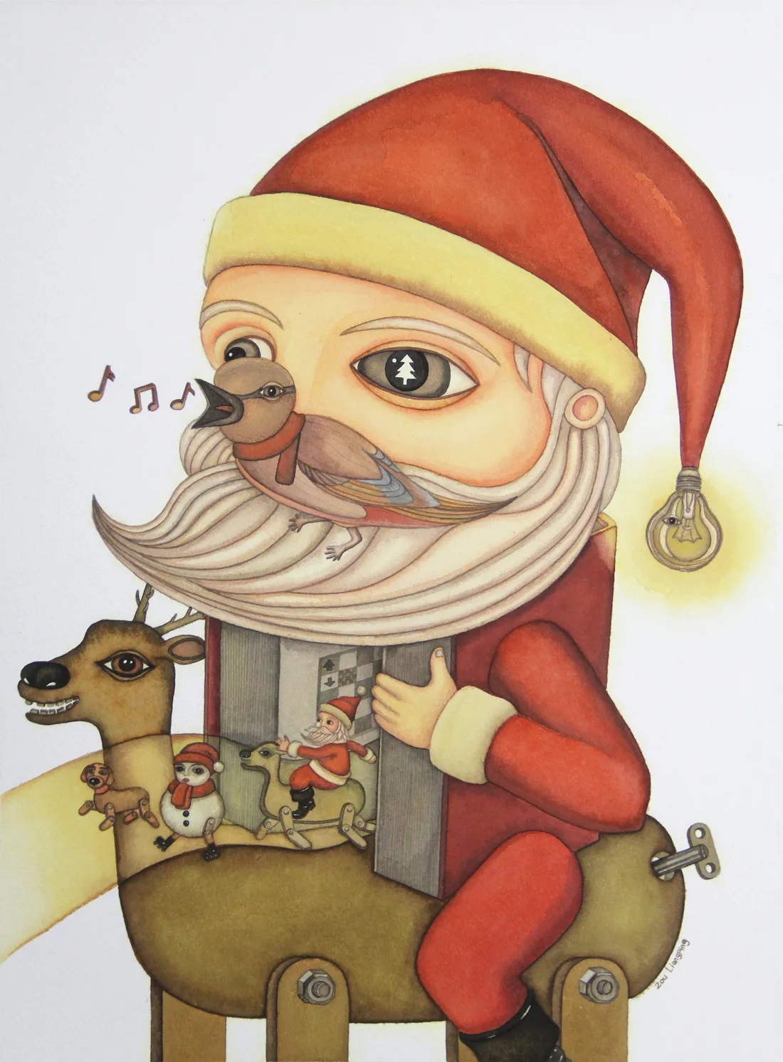 

Chinese Artist Zou Liangping's Work"Merry Christmas" Watercolor Painting Decorative Wall Pictures for Living Room Art Garden