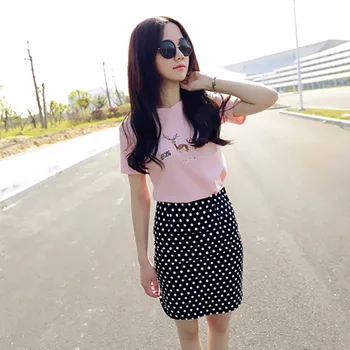 

Women Fashion Print T-shirt Woman Skirt Small Fragrance Female Shorts Tees Polka Dot Lady Skirts Two Piece Set