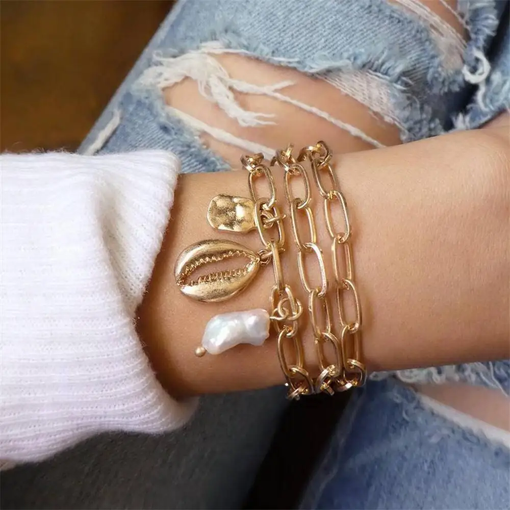 

3 Pcs/set Women Fashion Bracelets Shell Gems Geometry Pendant Gold Bracelet Set Charm Wedding Party Jewelry Jewelry Accessories
