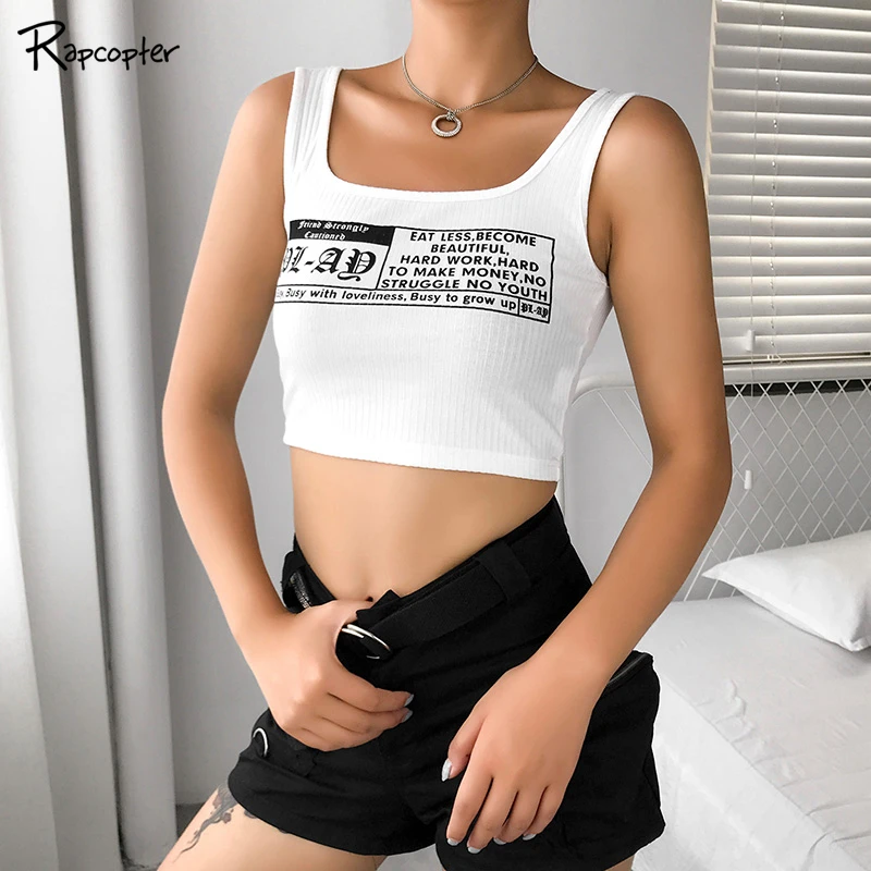 

Rapcopter White Letter Printed Casual Women Tank Top Sleeveless Summer Harajuku Rib Knitted Cropped Tops Korean Femme Vest Tops