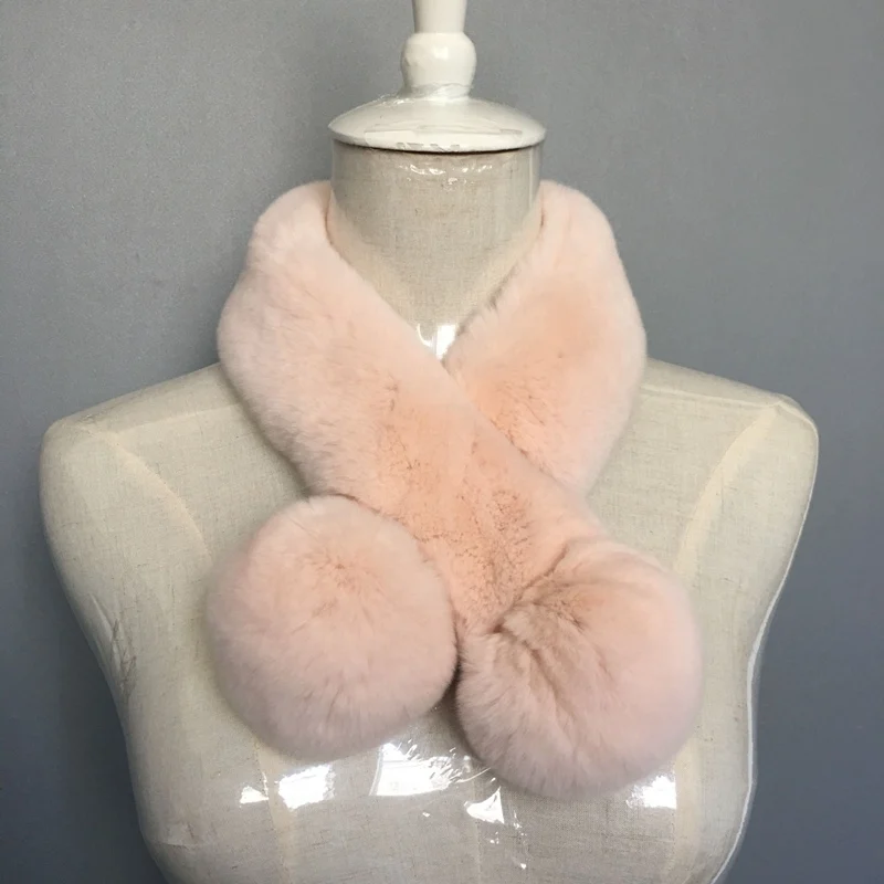 Light Pink Осень-зима Для женщин Подлинная Wholeskin кролика рекс шею кольца глушитель женские теплые Pom шарф ручной работы грелки шеи VF5031 - Цвет: Light Pink